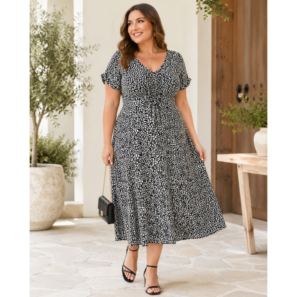 Boden Black White‎ Floral Ruched V-Neck Midi Dress Womens US 16/18R Short Sleeve
